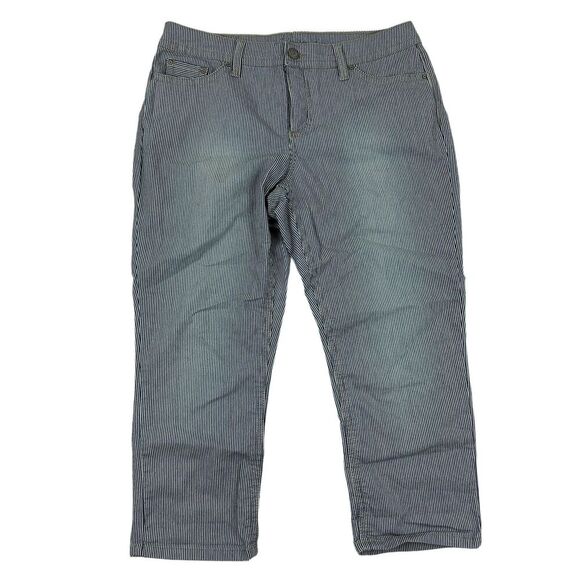 New Directions WEEKEND Blue White Striped Capri Pants Denim Blue Jean Stretch 14 - Picture 1 of 11